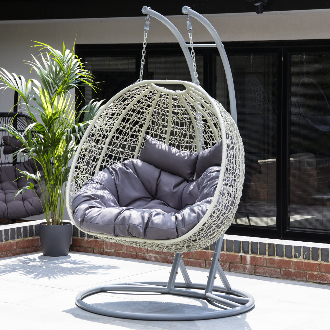 Double Swing Egg Chair with Premium Cushions Stand in Light Grey