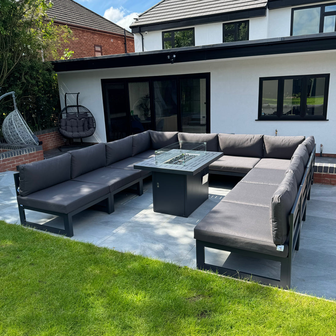 Mayfair 10 Seater WITH Firepit Aluminum Garden Sofa Set in Dark Grey