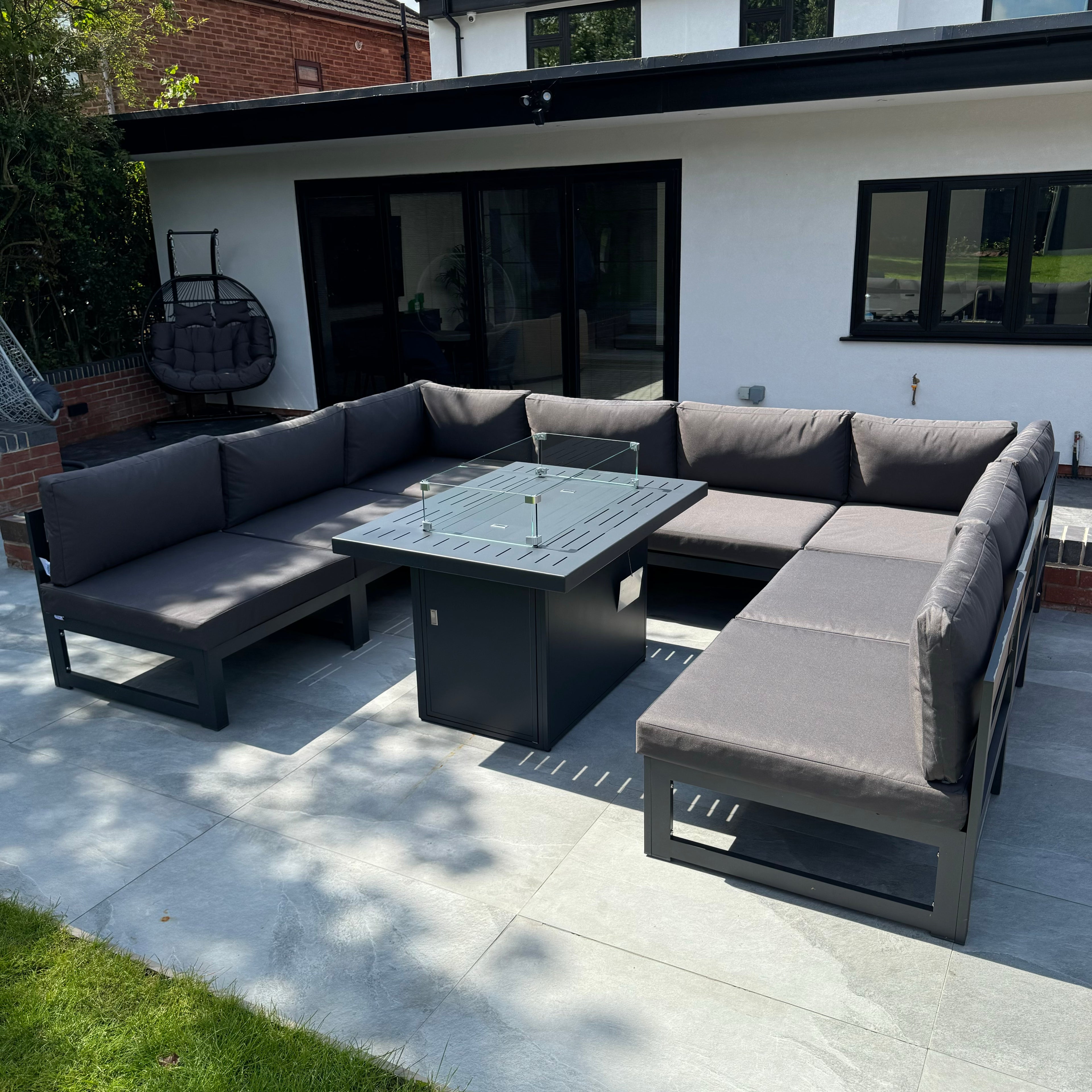 Mayfair 8 Seater WITH Firepit Aluminum Garden Sofa Set in Dark Grey