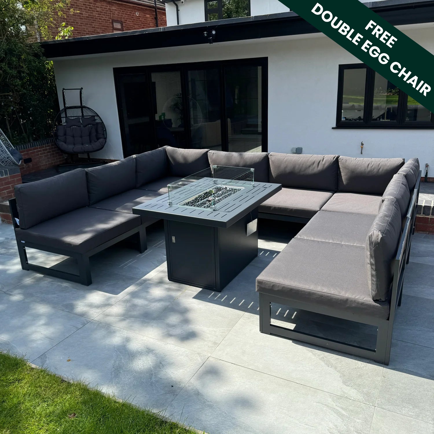 Mayfair 8 Seater WITH Firepit Aluminum Garden Sofa Set in Dark Grey