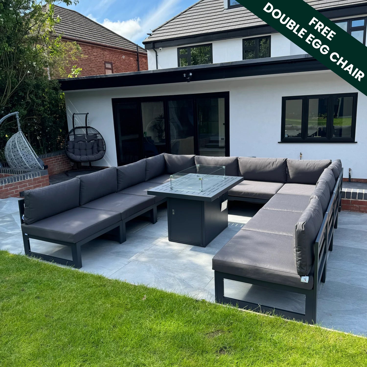 Mayfair 10 Seater WITH Firepit Aluminum Garden Sofa Set in Dark Grey