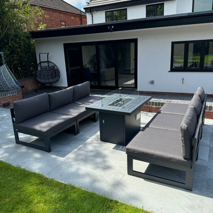 Mayfair 6 Seater WITH Firepit Aluminum Garden Sofa Set in Dark Grey