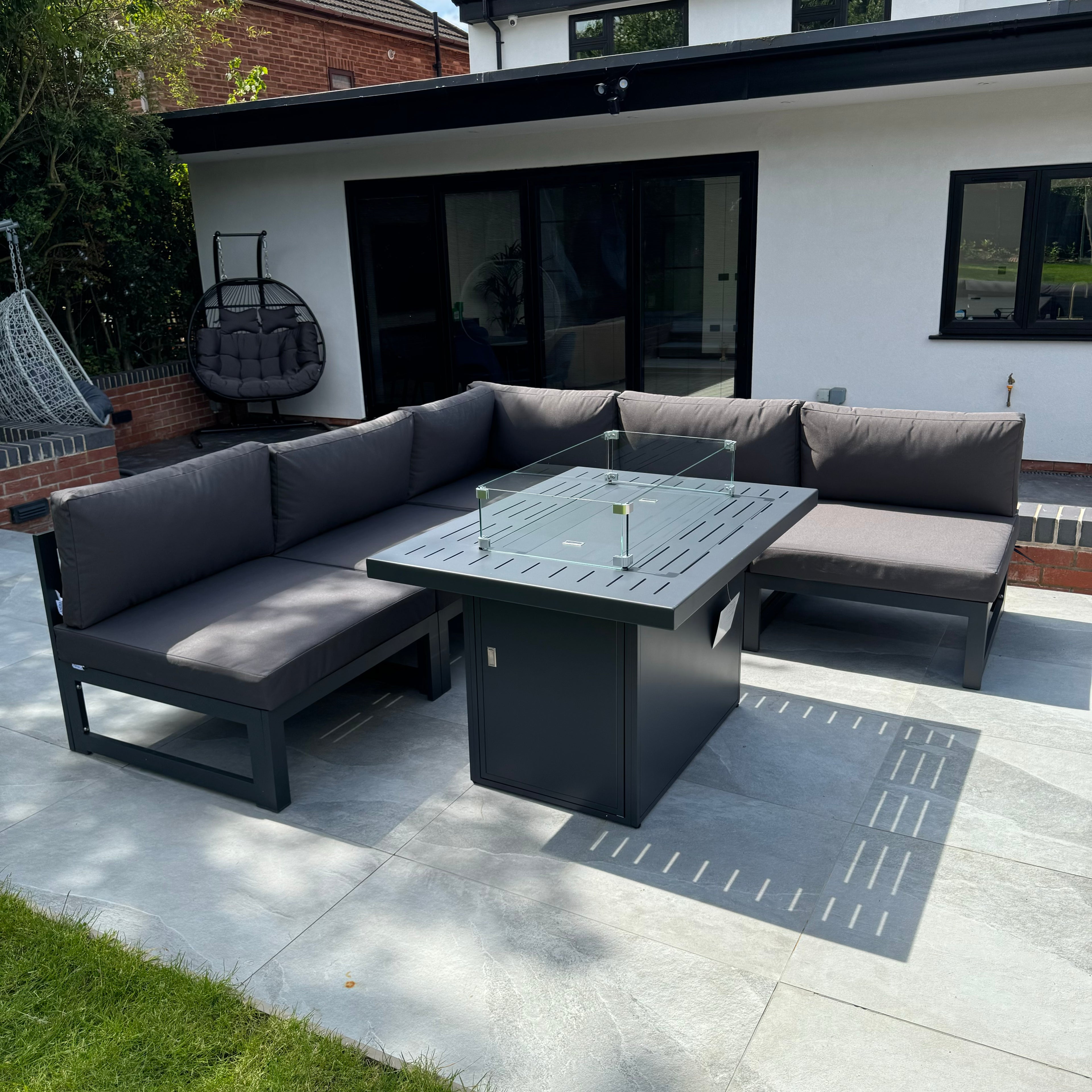 Mayfair 5 Seater L Shape WITH Firepit Aluminum Garden Sofa Set in Dark Grey