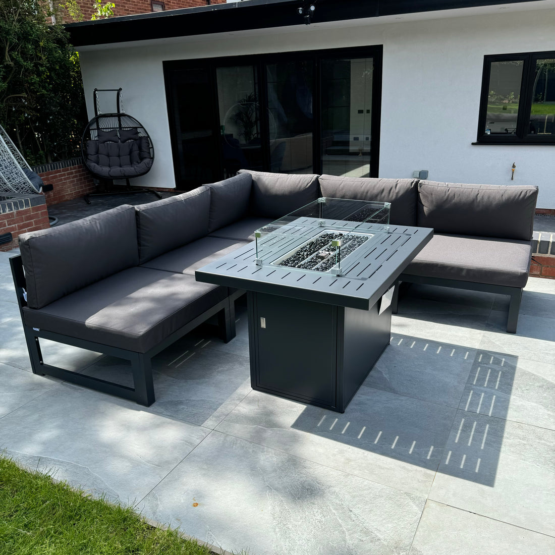 Mayfair 5 Seater L Shape WITH Firepit Aluminum Garden Sofa Set in Dark Grey