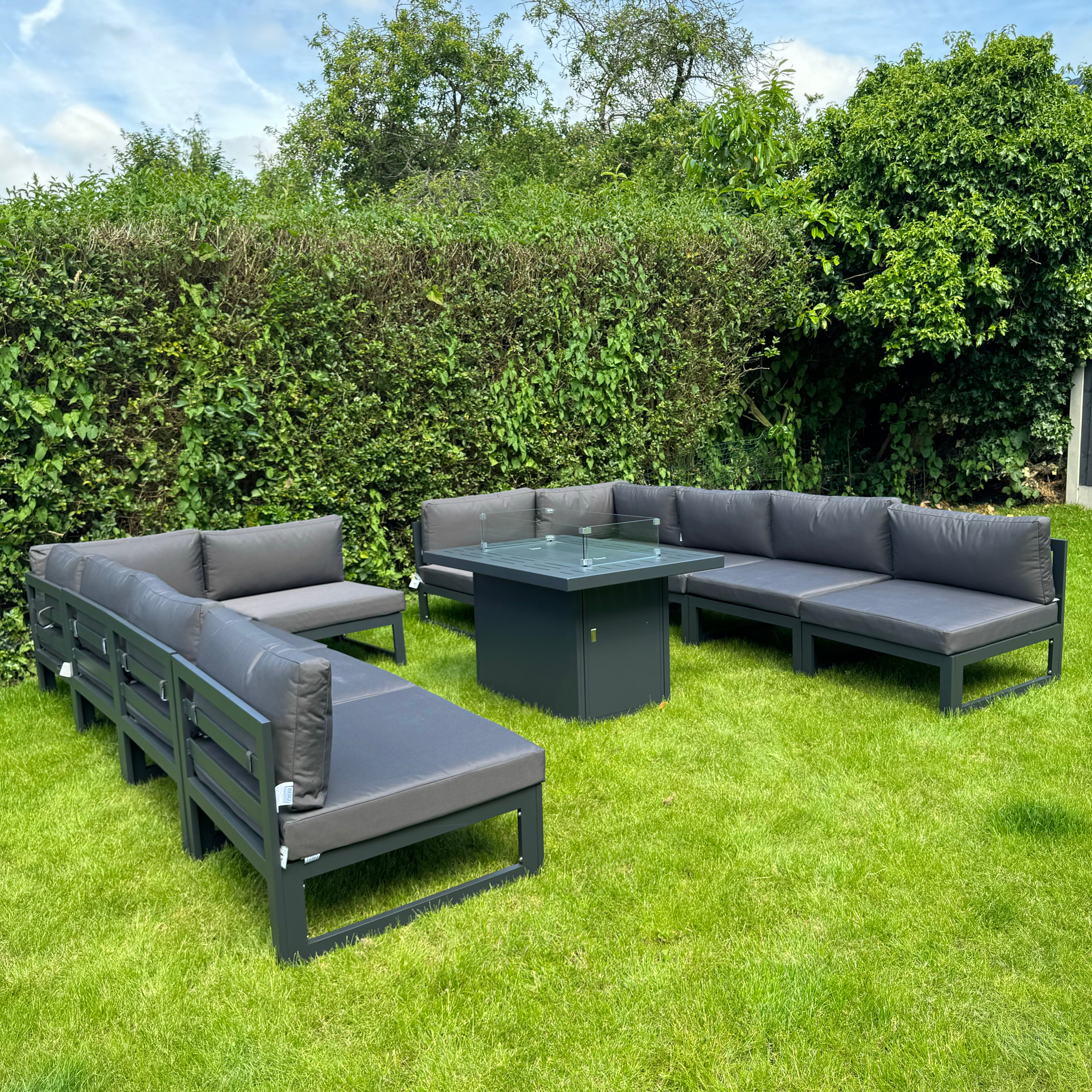 Mayfair 10 Seater WITH Firepit Aluminum Garden Sofa Set in Dark Grey