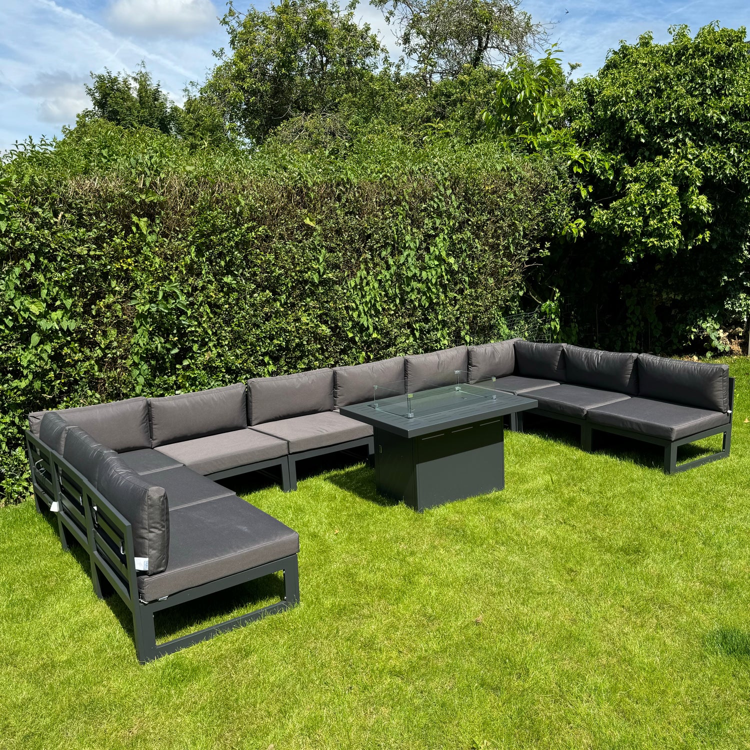 Mayfair 10 Seater WITH Firepit Aluminum Garden Sofa Set in Dark Grey