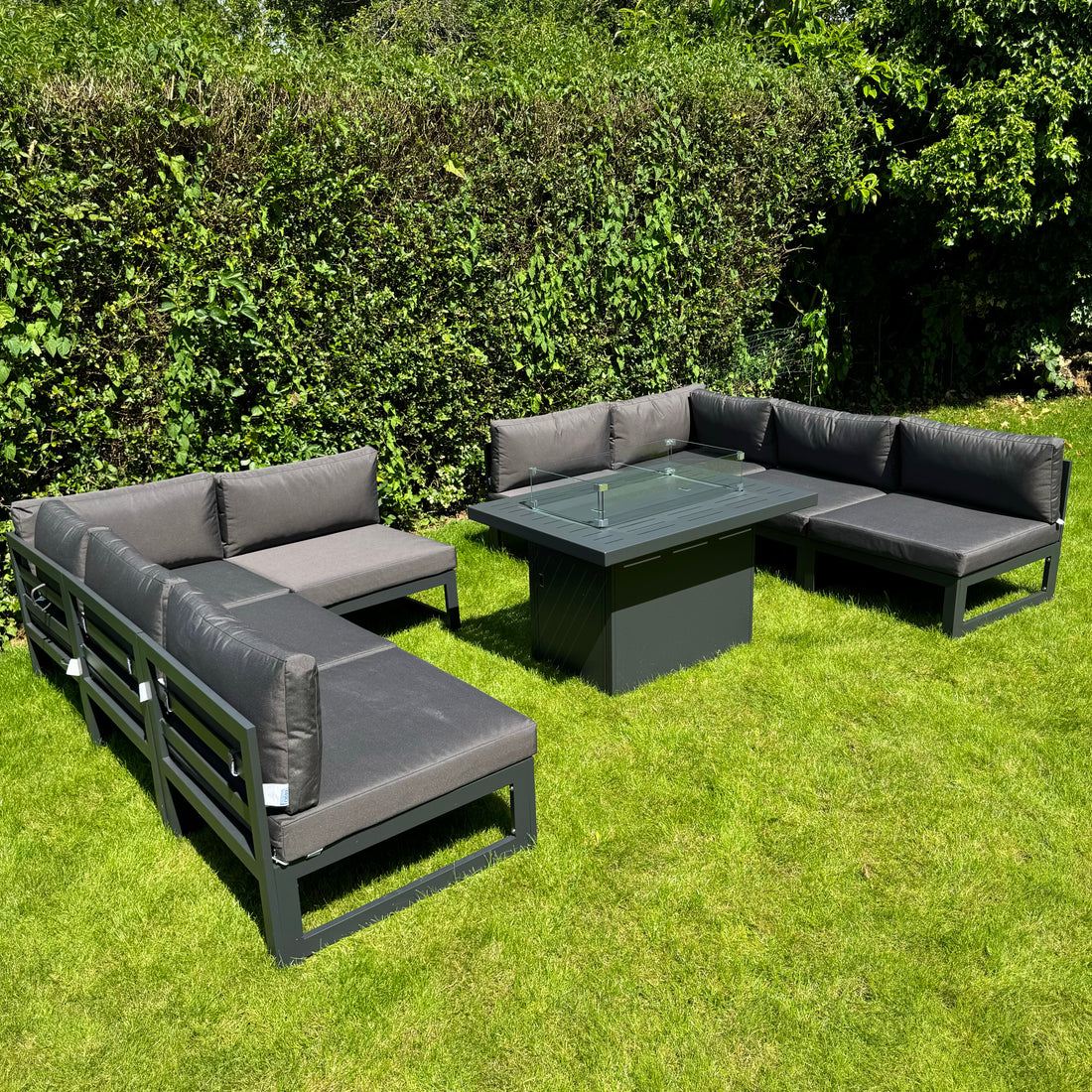 Mayfair 8 Seater WITH Firepit Aluminum Garden Sofa Set in Dark Grey