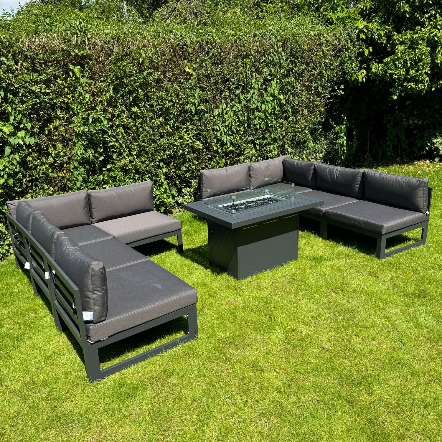 Mayfair 8 Seater WITH Firepit Aluminum Garden Sofa Set in Dark Grey