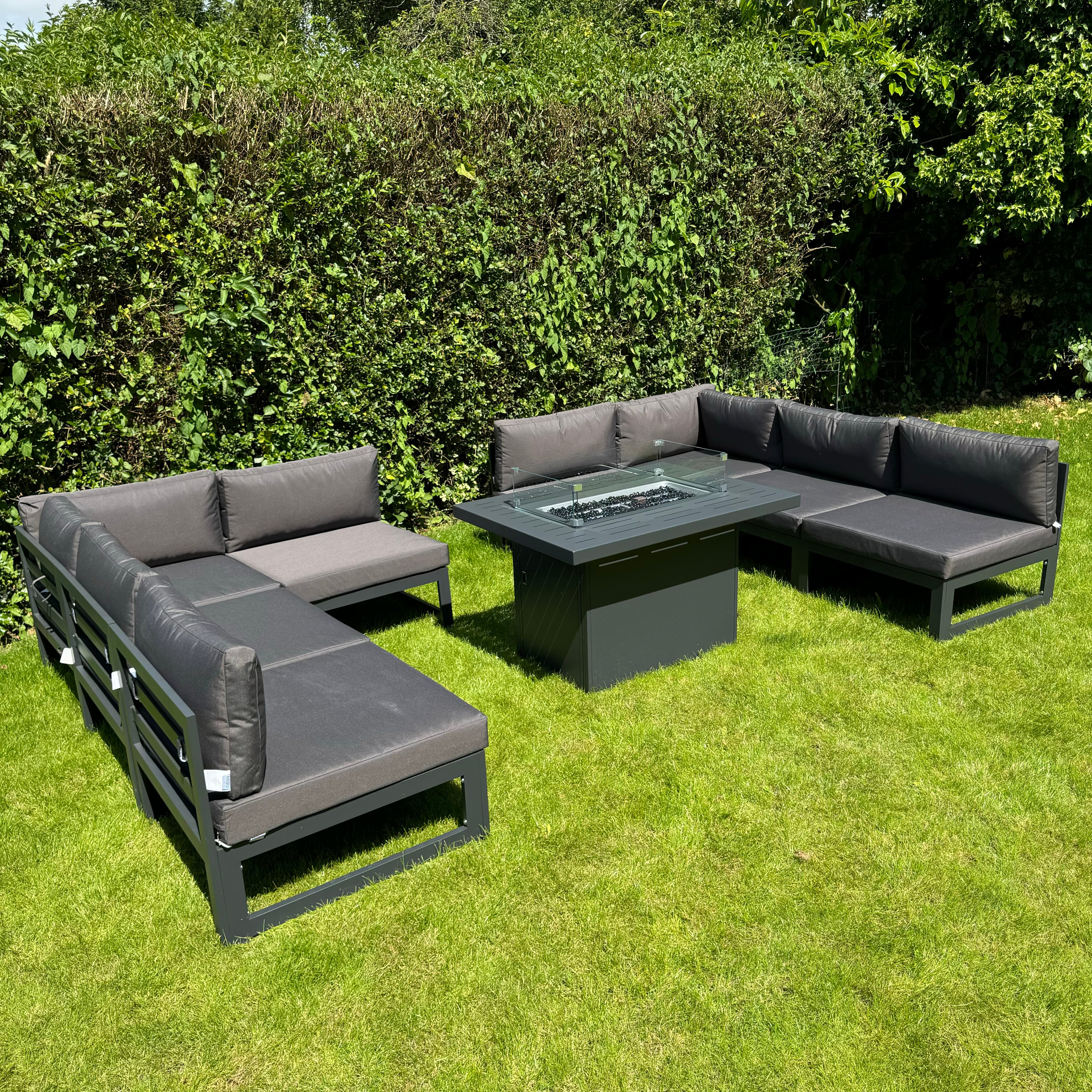 Mayfair 8 Seater WITH Firepit Aluminum Garden Sofa Set in Dark Grey