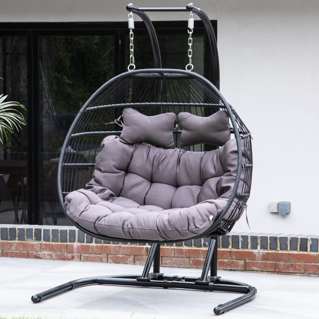 Double Swing Egg Chair with Premium Cushions &amp; Stand in Black