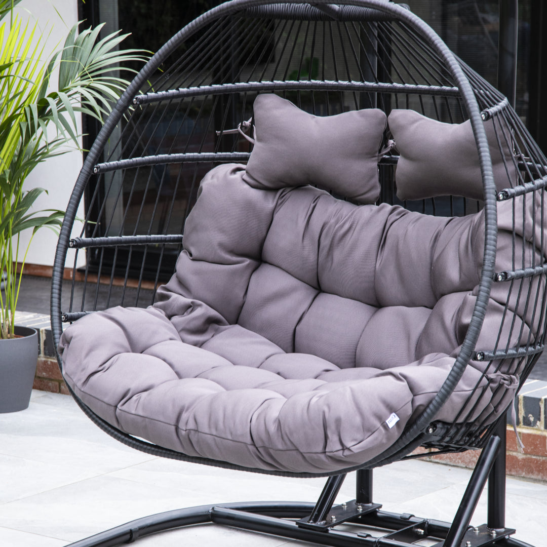 Double Swing Egg Chair with Premium Cushions & Stand in Black
